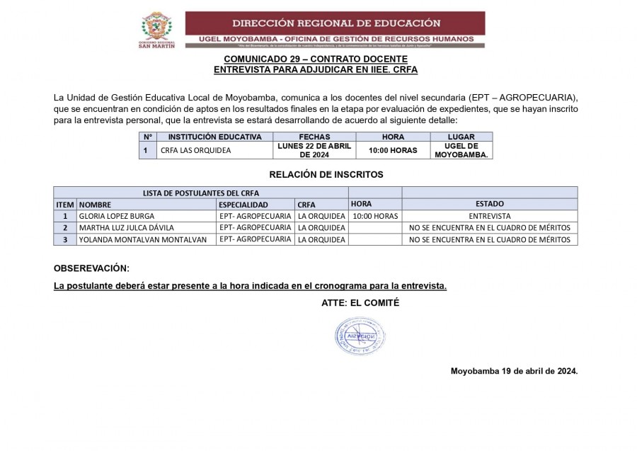 📌COMUNICADO 29 &ndash; CONTRATO DOCENTE- ENTREVISTA PARA ADJUDICAR EN IIEE. CRFA