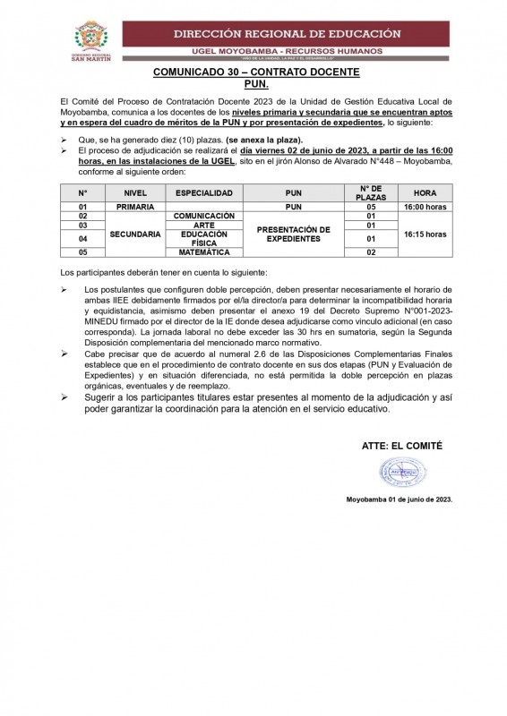 📌COMUNICADO 30 &ndash; CONTRATO DOCENTE PUN.