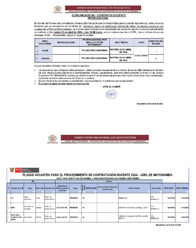 📌COMUNICADO 30 – CONTRATO DOCENTEPRUEBA NACIONAL