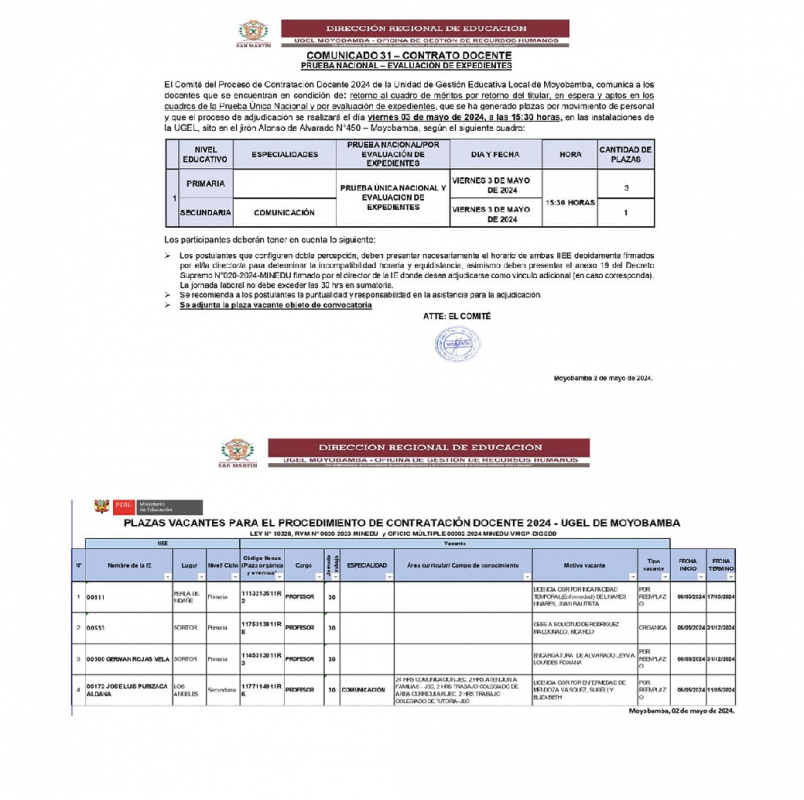 📌COMUNICADO 31 – CONTRATO DOCENTEPRUEBA NACIONAL – EVALUACIÓN DE EXPEDIENTES.