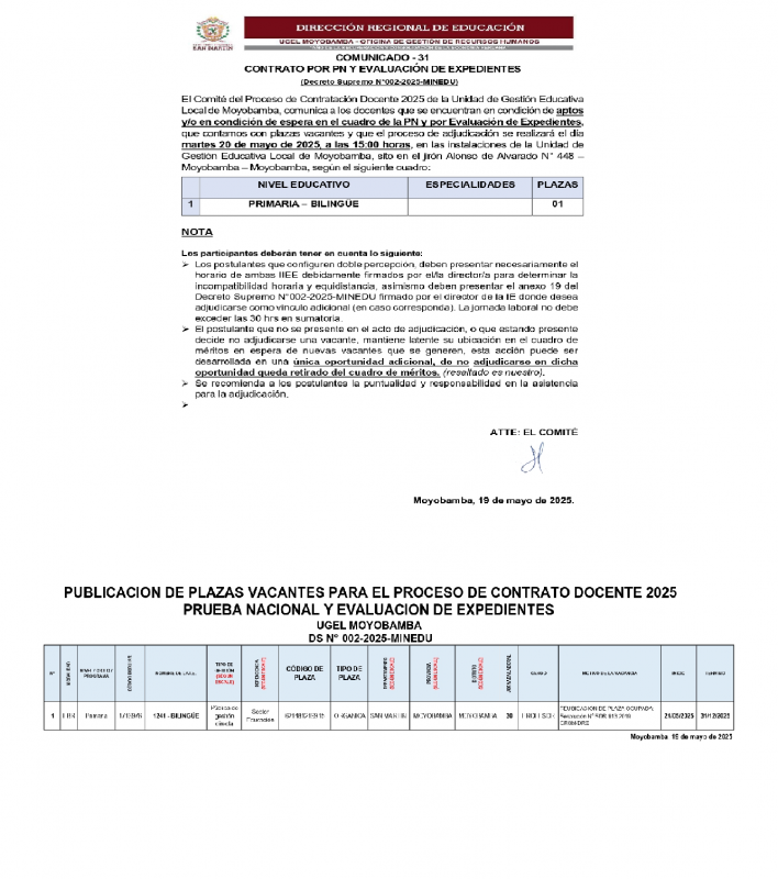 📍COMUNICADO - 31 CONTRATO POR PN Y EVALUACI&Oacute;N DE EXPEDIENTES