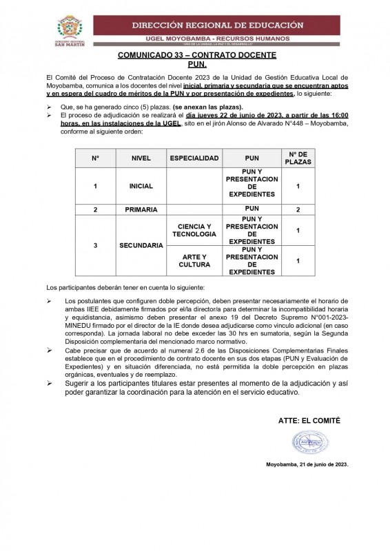 📌COMUNICADO 33 &ndash; CONTRATO DOCENTEPUN.