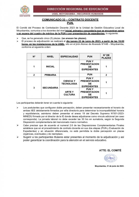 📌COMUNICADO 33 – CONTRATO DOCENTEPUN.