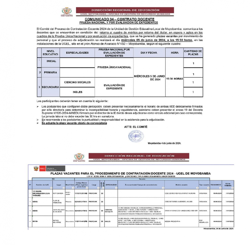 📌COMUNICADO 34 – CONTRATO DOCENTEPRUEBA NACIONAL Y POR EVALUACION DE EXPEDIENTES