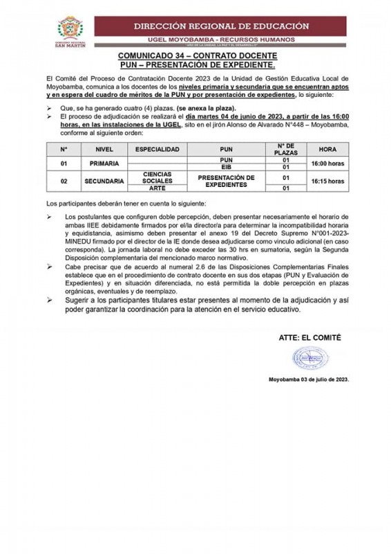 📌COMUNICADO 34 – CONTRATO DOCENTEPUN – PRESENTACIÓN DE EXPEDIENTE.