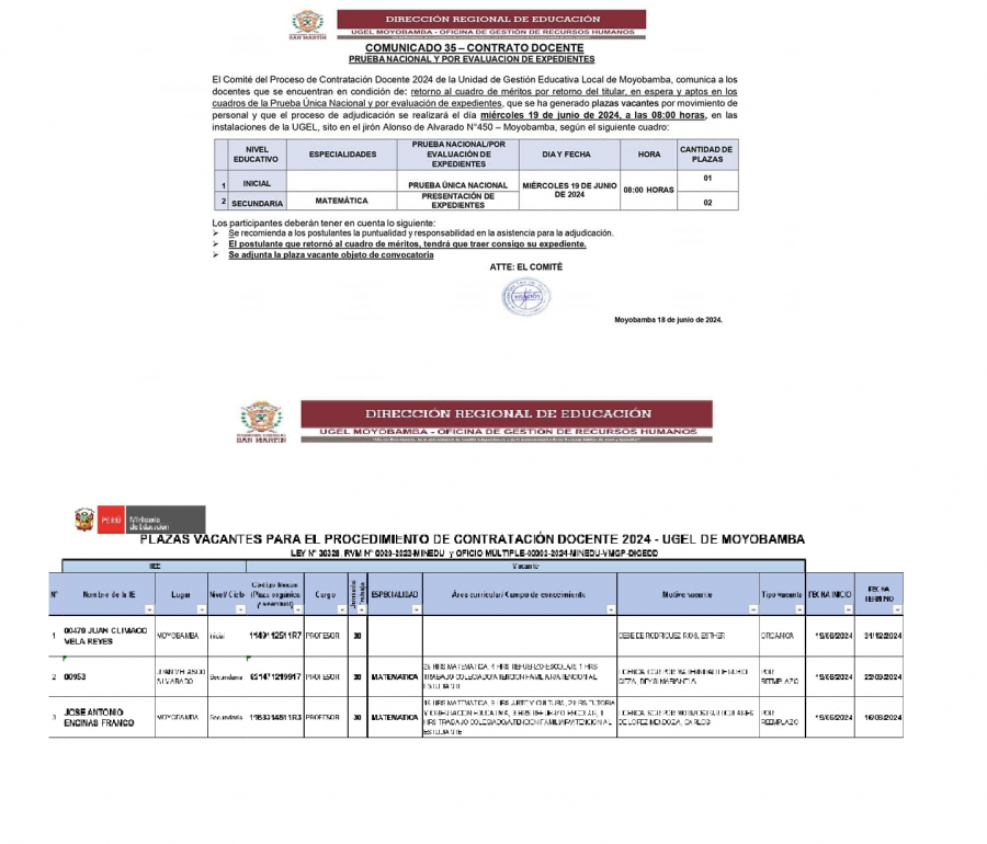 📌COMUNICADO 35 – CONTRATO DOCENTEPRUEBA NACIONAL Y POR EVALUACION DE EXPEDIENTES.