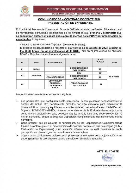 📍COMUNICADO 36 – CONTRATO DOCENTE PUN – PRESENTACIÓN DE EXPEDIENTE.