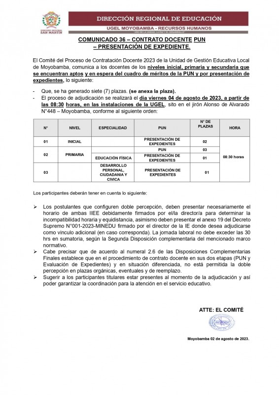 📍COMUNICADO 36 &ndash; CONTRATO DOCENTE PUN &ndash; PRESENTACI&Oacute;N DE EXPEDIENTE.