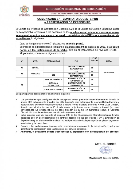 📍COMUNICADO 37 – CONTRATO DOCENTE PUN – PRESENTACIÓN DE EXPEDIENTE.