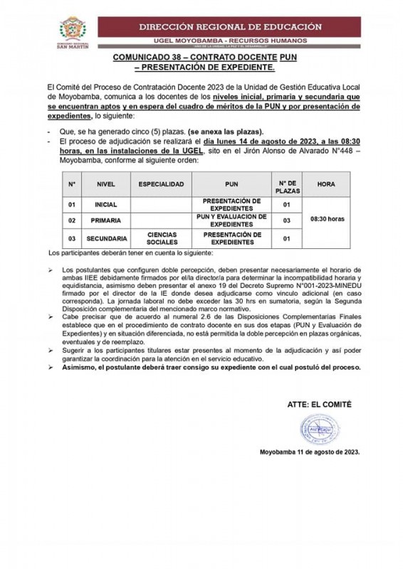 📌COMUNICADO 38–CONTRATO DOCENTE PUN –PRESENTACION DE EXPEDIENTE.