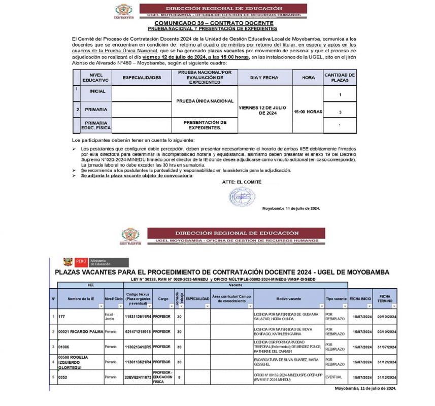 📌COMUNICADO 39 &ndash; CONTRATO DOCENTEPRUEBA NACIONAL Y PRESENTACI&Oacute;N DE EXPEDIENTES