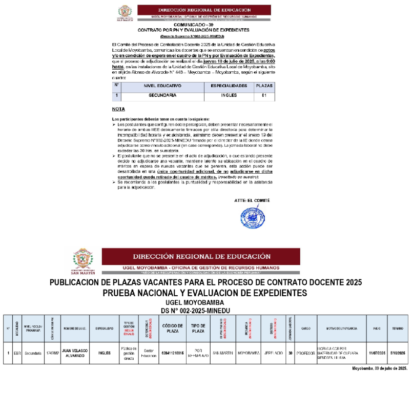 📌COMUNICADO - 39 CONTRATO POR PN Y EVALUACI&Oacute;N DE EXPEDIENTES.