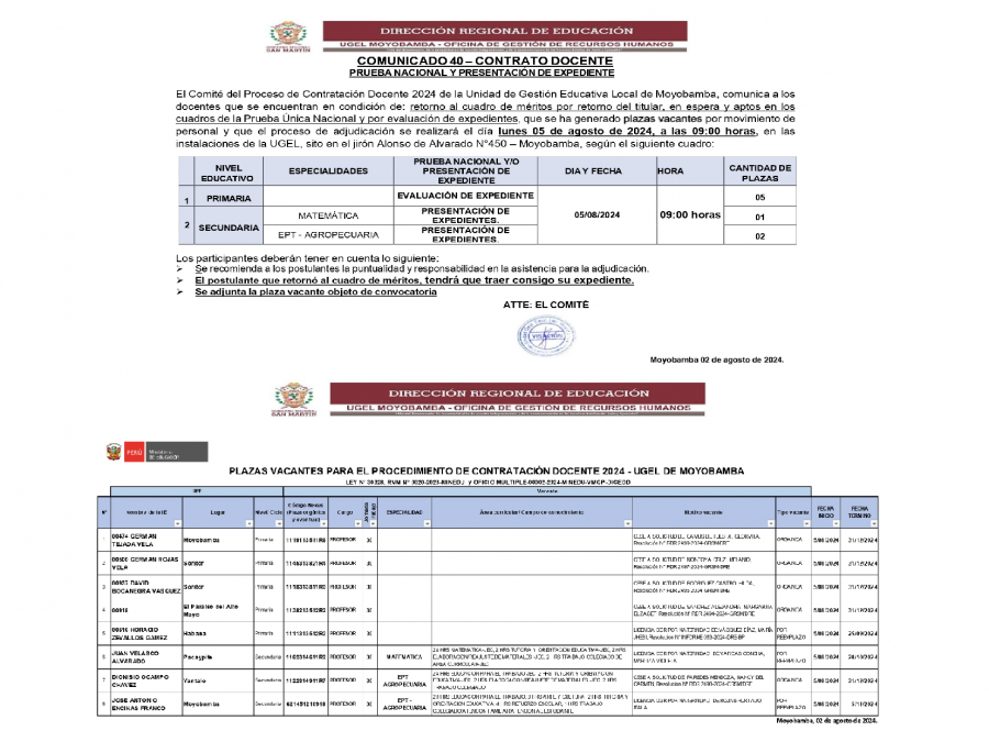 📌COMUNICADO 40– CONTRATO DOCENTE PRUEBA NACIONAL Y PRESENTACIÓN DE EXPEDIENTE