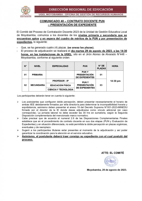 📍COMUNICADO 40 – CONTRATO DOCENTE PUN – PRESENTACIÓN DE EXPEDIENTE