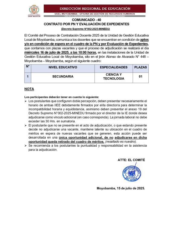 COMUNICADO - 40 CONTRATO POR PN Y EVALUACI&Oacute;N DE EXPEDIENTES
