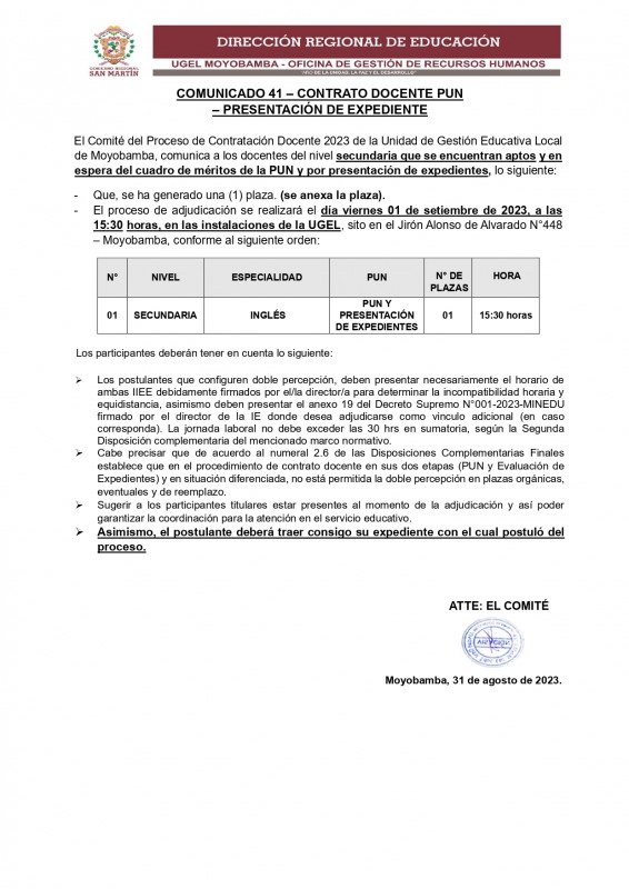📍COMUNICADO 41 &ndash; CONTRATO DOCENTE PUN &ndash; PRESENTACI&Oacute;N DE EXPEDIENTE.
