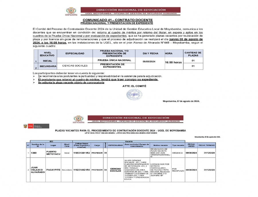 📌COMUNICADO 41&ndash; CONTRATO DOCENTEPRUEBA NACIONAL Y PRESENTACI&Oacute;N DE EXPEDIENTE.