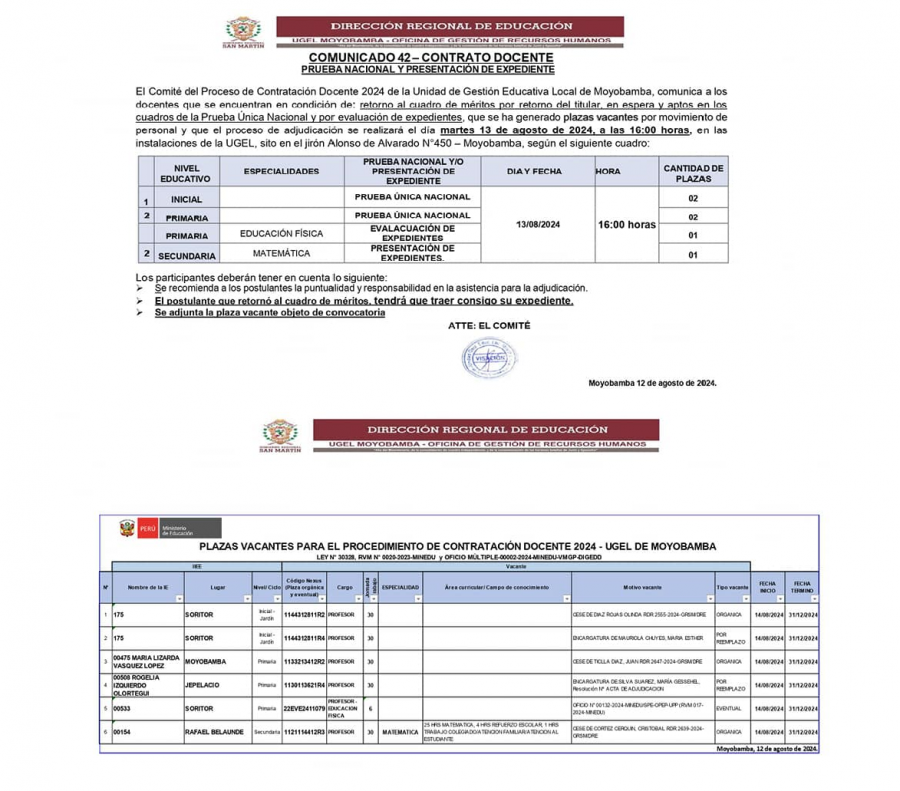 📌COMUNICADO 42– CONTRATO DOCENTEPRUEBA NACIONAL Y PRESENTACIÓN DE EXPEDIENTE