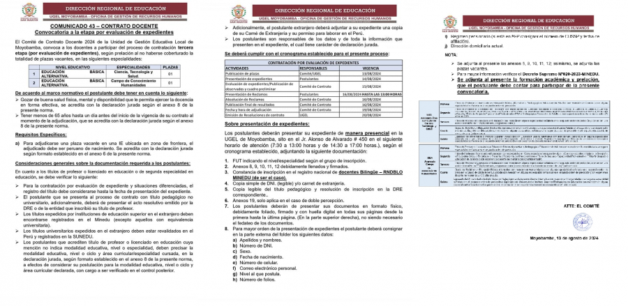 📌COMUNICADO 43 &ndash; CONTRATO DOCENTE Convocatoria a la etapa por evaluaci&oacute;n de expedientes.