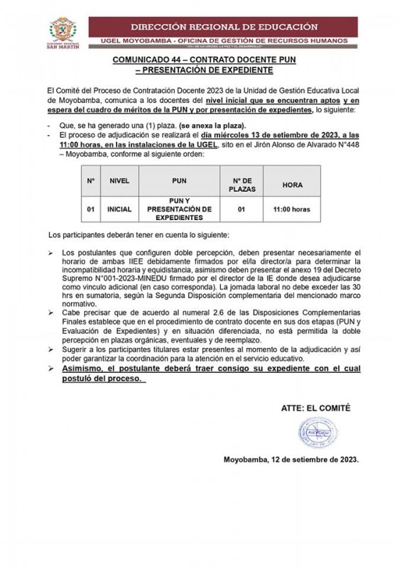 📌COMUNICADO 44 – CONTRATO DOCENTE PUN – PRESENTACIÓN DE EXPEDIENTE