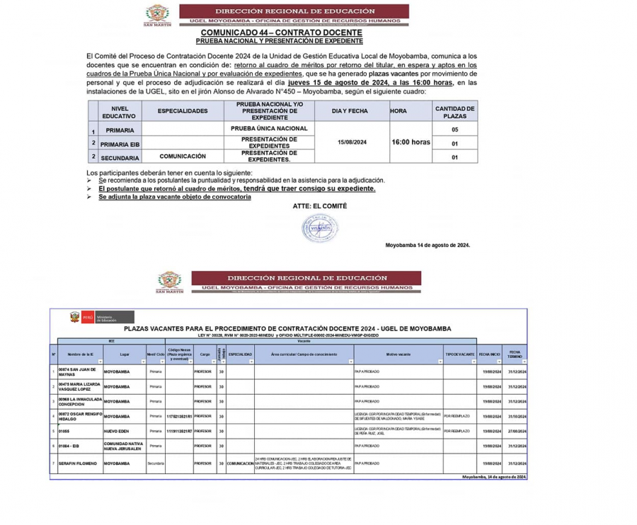 📌COMUNICADO 44&ndash; CONTRATO DOCENTEPRUEBA NACIONAL Y PRESENTACI&Oacute;N DE EXPEDIENTE.