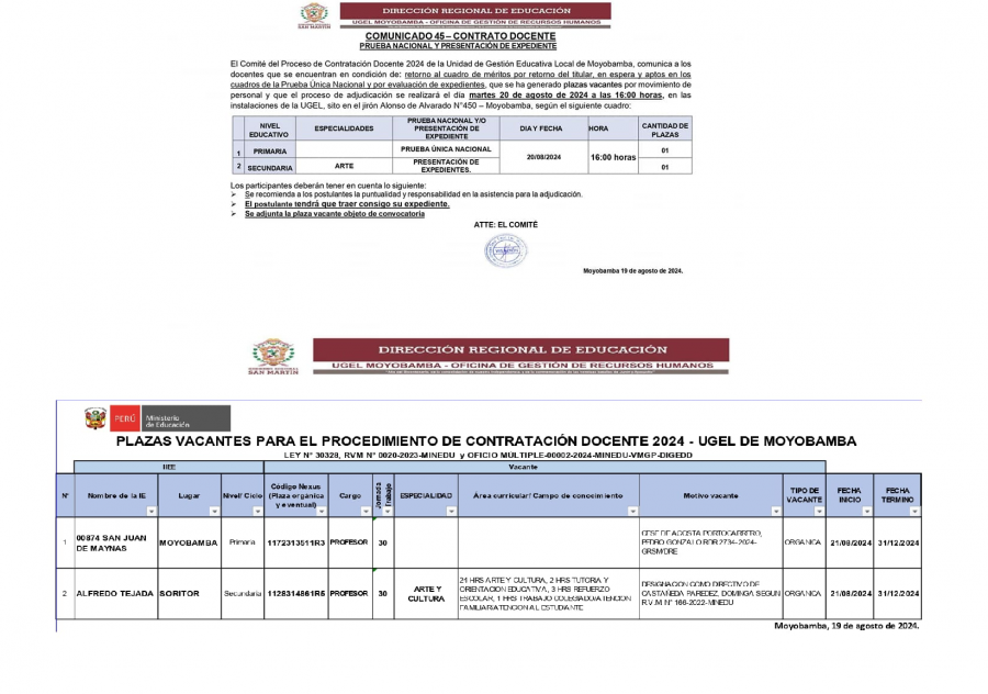 📌COMUNICADO 45&ndash; CONTRATO DOCENTEPRUEBA NACIONAL Y PRESENTACI&Oacute;N DE EXPEDIENTE.