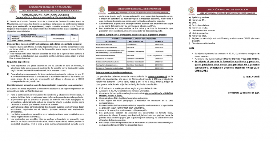 📌COMUNICADO 46 &ndash; CONTRATO DOCENTE Convocatoria a la etapa por evaluaci&oacute;n de expedientes