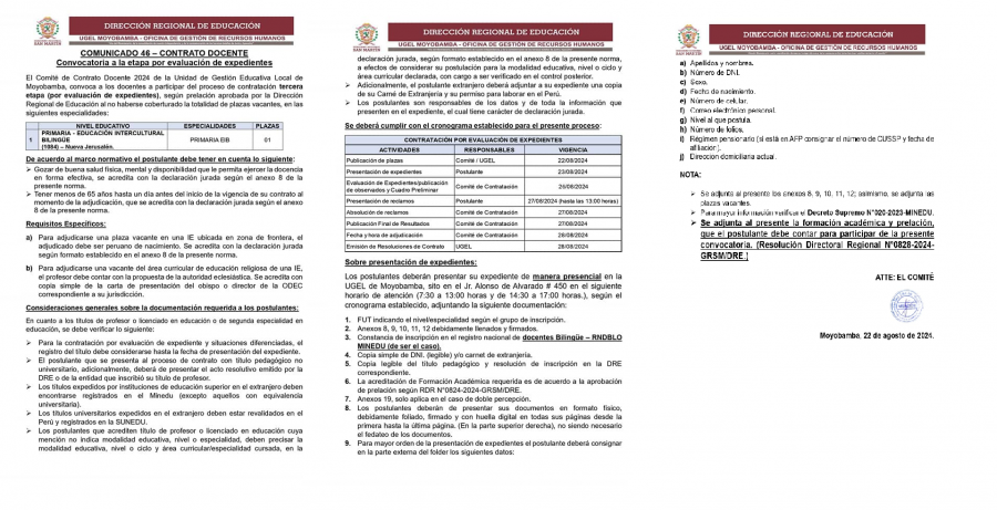 📌COMUNICADO 46 – CONTRATO DOCENTE Convocatoria a la etapa por evaluación de expedientes