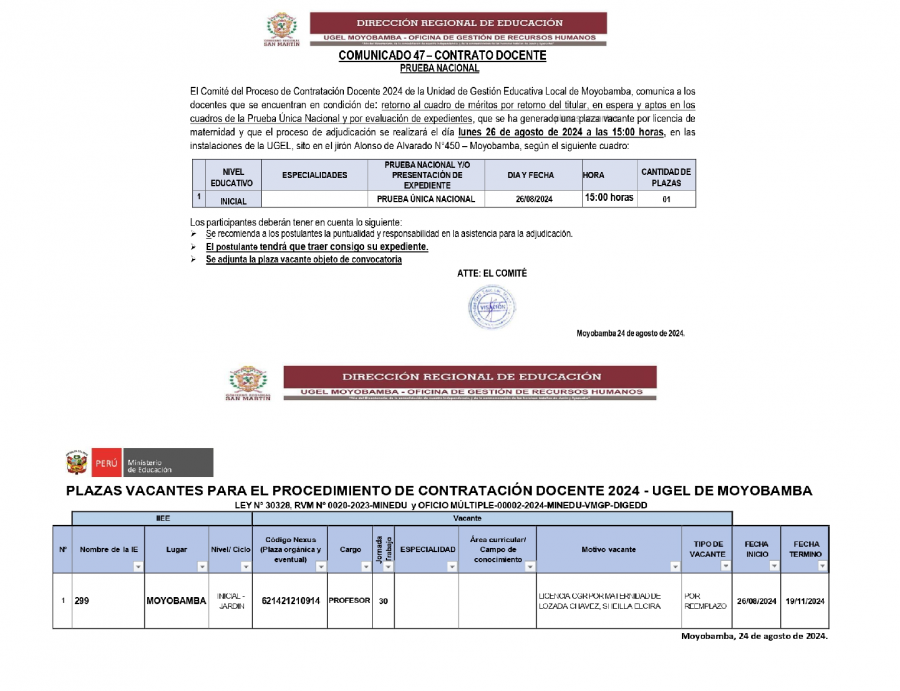 📍COMUNICADO 47 &ndash; CONTRATO DOCENTE - PRUEBA NACIONAL