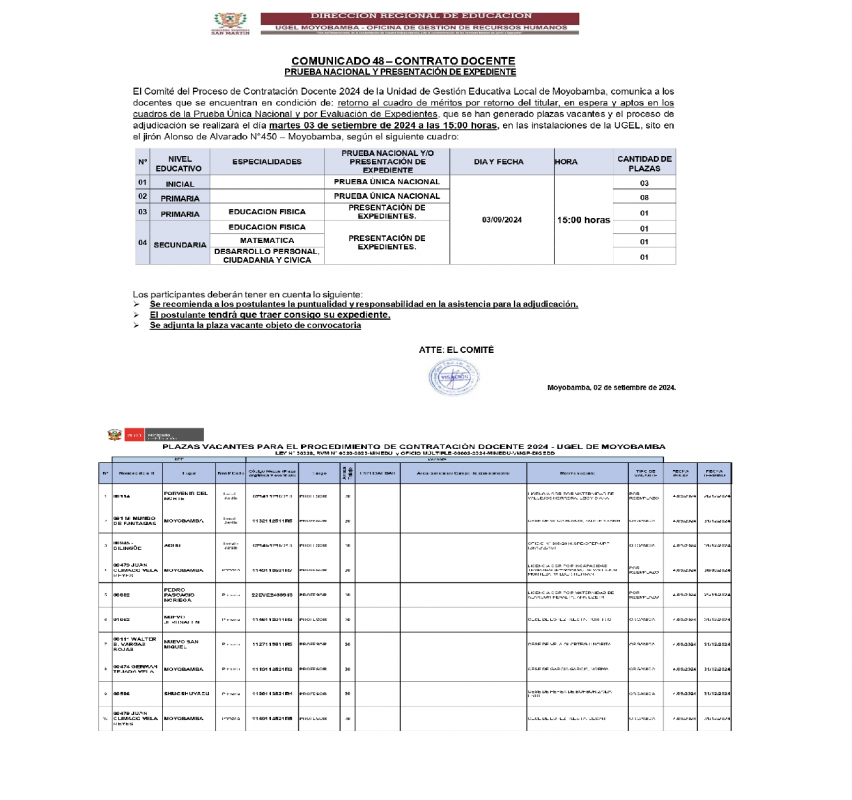 📍COMUNICADO 48– CONTRATO DOCENTE PRUEBA NACIONAL Y PRESENTACIÓN DE EXPEDIENTE.