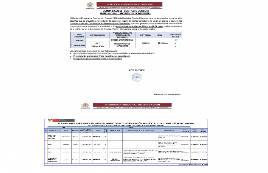 📌COMUNICADO 50&ndash; CONTRATO DOCENTEPRUEBA NACIONAL &ndash; PRESENTACI&Oacute;N DE EXPEDIENTES