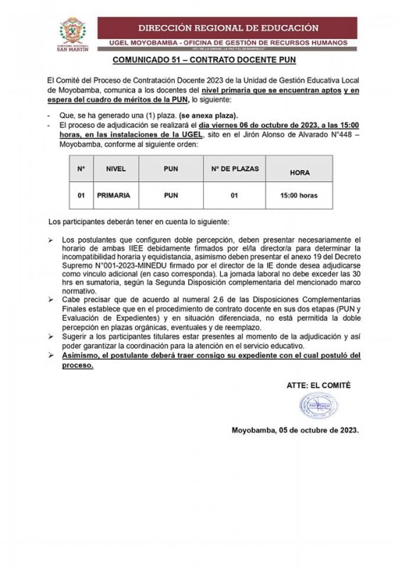 📌 COMUNICADO 51 - CONTRATO DOCENTE PUN