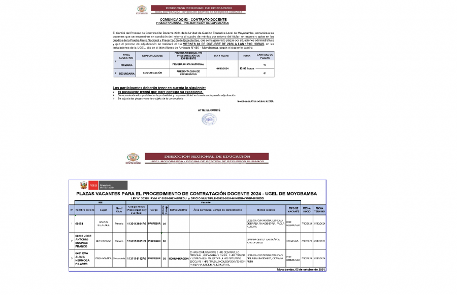 📍COMUNICADO 52&ndash; CONTRATO DOCENTE PRUEBA NACIONAL &ndash; PRESENTACI&Oacute;N DE EXPEDIENTES
