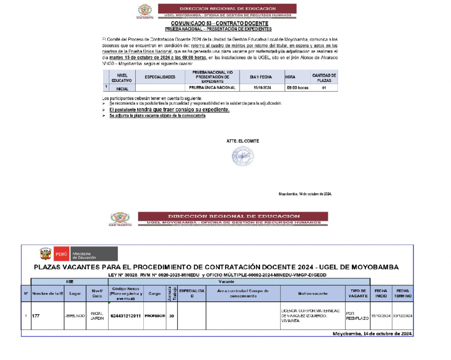 📌COMUNICADO 53– CONTRATO DOCENTEPRUEBA NACIONAL – PRESENTACIÓN DE EXPEDIENTES.