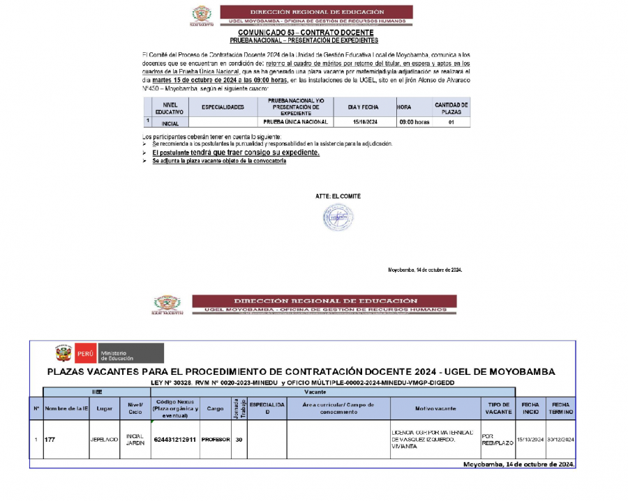📌COMUNICADO 53&ndash; CONTRATO DOCENTEPRUEBA NACIONAL &ndash; PRESENTACI&Oacute;N DE EXPEDIENTES.