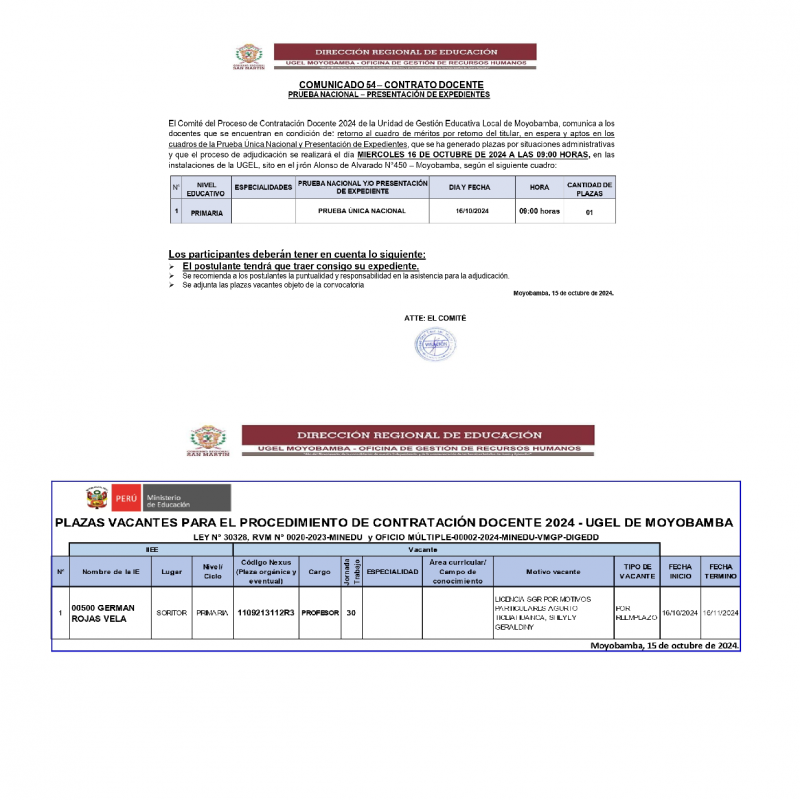 📍COMUNICADO 54– CONTRATO DOCENTE PRUEBA NACIONAL – PRESENTACIÓN DE EXPEDIENTES.