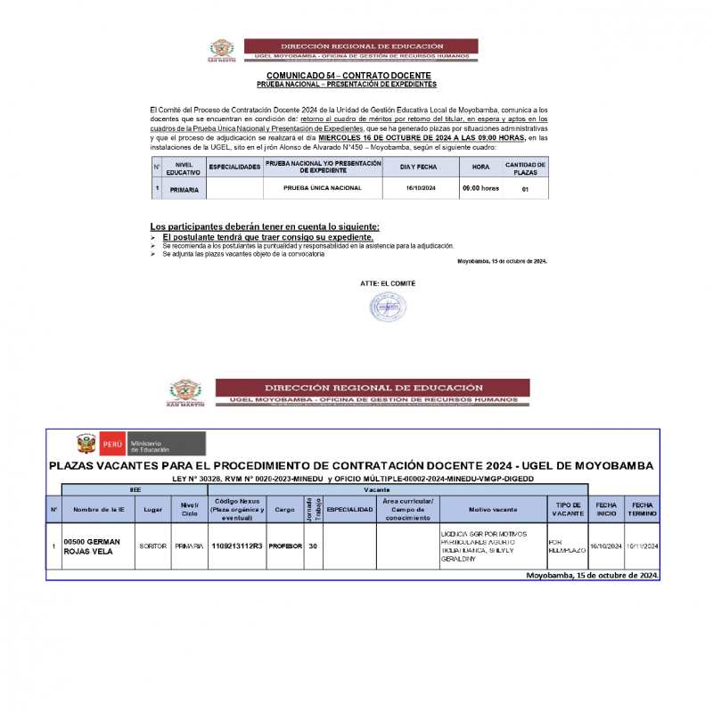 📍COMUNICADO 54&ndash; CONTRATO DOCENTE PRUEBA NACIONAL &ndash; PRESENTACI&Oacute;N DE EXPEDIENTES.