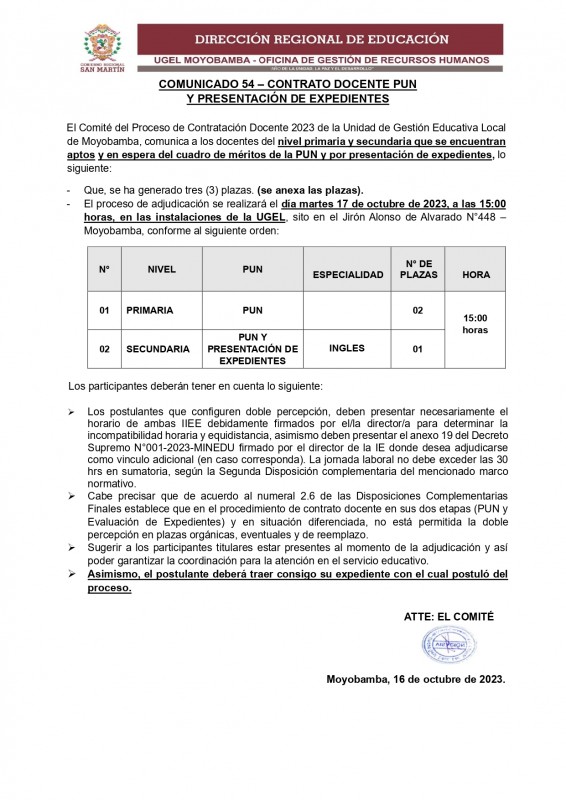 📍COMUNICADO 54 – CONTRATO DOCENTE PUN Y PRESENTACIÓN DE EXPEDIENTES.