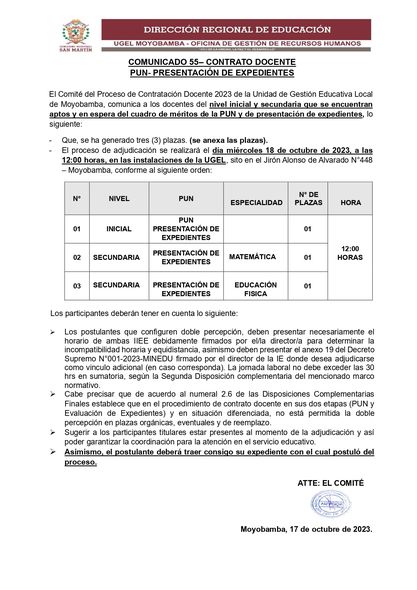 📍COMUNICADO 55– CONTRATO DOCENTE PUN- PRESENTACIÓN DE EXPEDIENTES