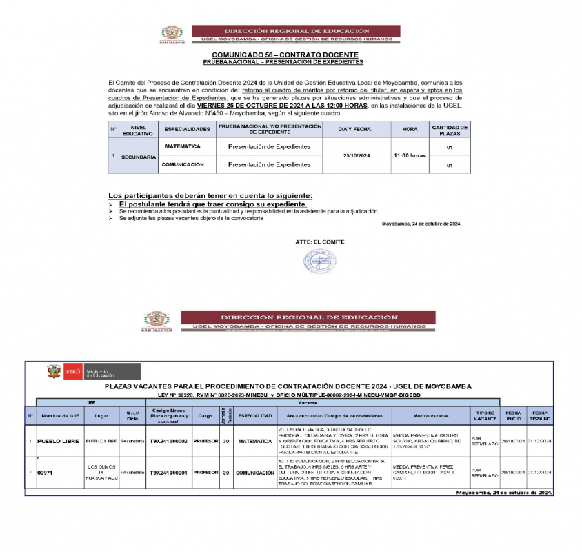 📌COMUNICADO 56&ndash; CONTRATO DOCENTEPRUEBA NACIONAL &ndash; PRESENTACI&Oacute;N DE EXPEDIENTES