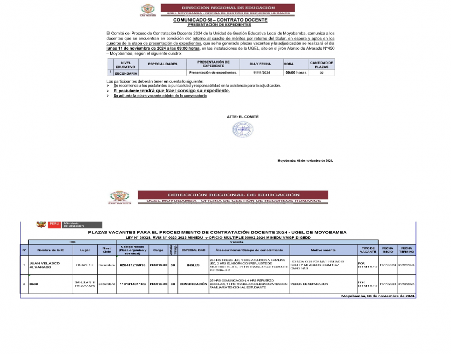 📌COMUNICADO 58– CONTRATO DOCENTEPRESENTACIÓN DE EXPEDIENTES.