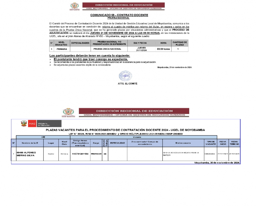 📍COMUNICADO 59– CONTRATO DOCENTE PRUEBA NACIONAL