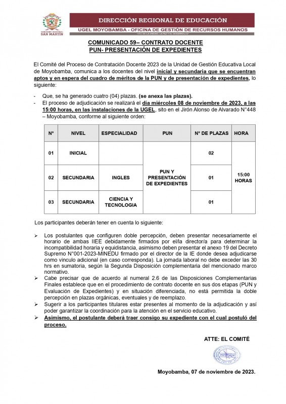 📍COMUNICADO 59– CONTRATO DOCENTE PUN- PRESENTACIÓN DE EXPEDIENTES