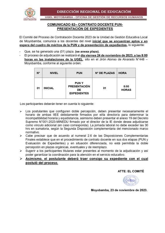 📍COMUNICADO 62– CONTRATO DOCENTE PUNPRESENTACIÓN DE EXPEDIENTES