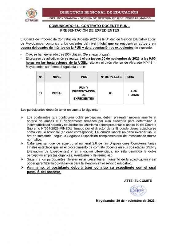 📌COMUNICADO 64– CONTRATO DOCENTE PUN – PRESENTACIÓN DE EXPEDIENTES