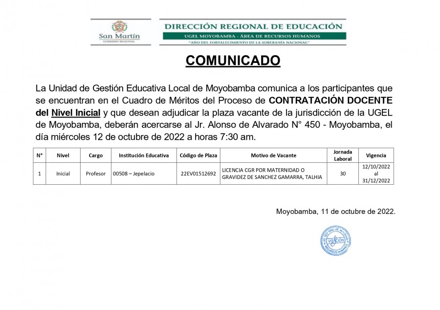 COMUNICADO - CONTRATACIÓN DOCENTE del Nivel Inicial