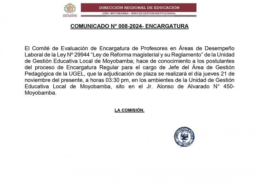 📍COMUNICADO N&deg; 008-2024- ENCARGATURA