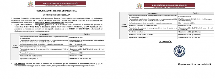 COMUNICADO N° 010-2024- ENCARGATURA - MODIFICACIÓN DE CRONOGRAMA