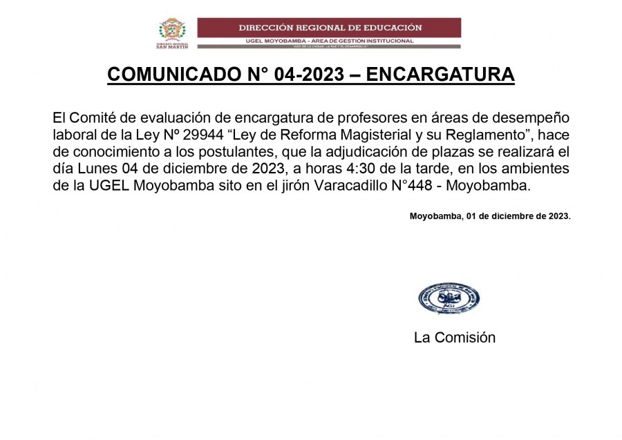 📍COMUNICADO N&deg; 04-2023 &ndash; ENCARGATURA