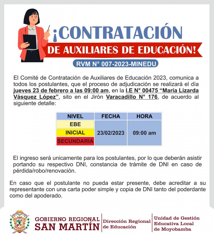 📌CONTRATACIÓN DE AUXILIARES DE EDUCACIÓN - ADJUDICACIÓN RV. N° 007-2023-MINEDU